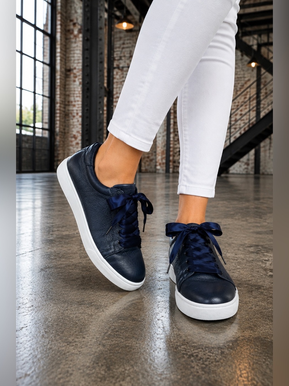 Vionic Chantelle Navy Leather Satin Ribbon Sneakers